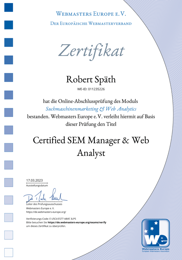 Zertifikat SEM-Manager und Web-Analyst